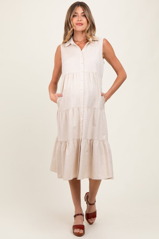 Cream Tiered Sleeveless Maternity Midi Shirt Dress