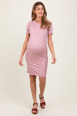 Mauve Floral Ribbed Puff Sleeve Maternity Fitted Dress
