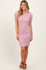 Mauve Floral Ribbed Puff Sleeve Fitted Dress