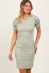 Light Olive Floral Ribbed Puff Sleeve Maternity Fitted Dress