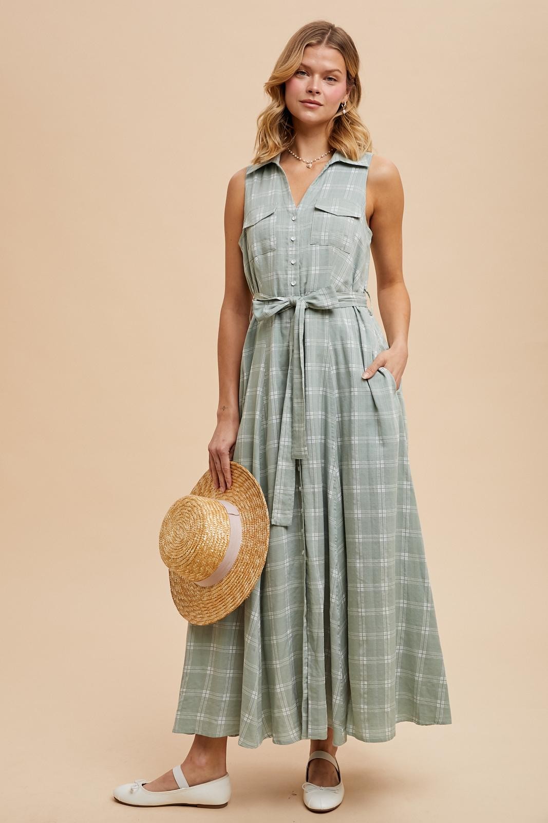 Light Olive Plaid Sleeveless Sash Tie Shirt Dress