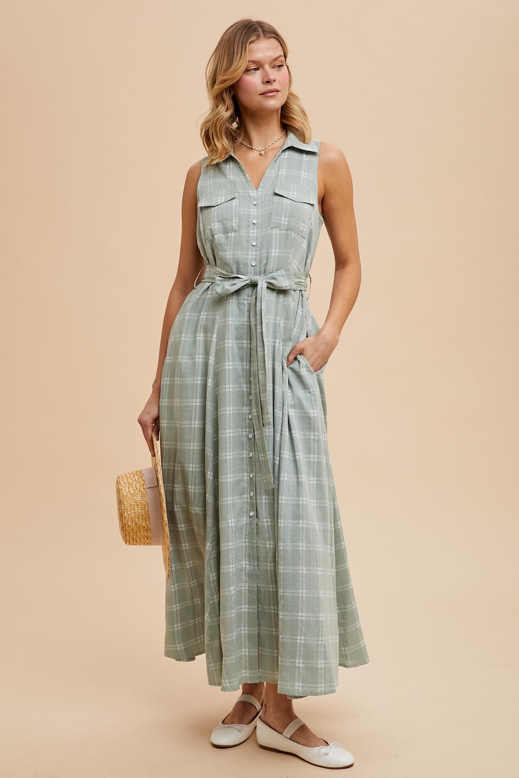 olive green plaid dress Stevie Plaid Midi Dress