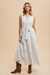White Plaid Sleeveless Sash Tie Shirt Dress