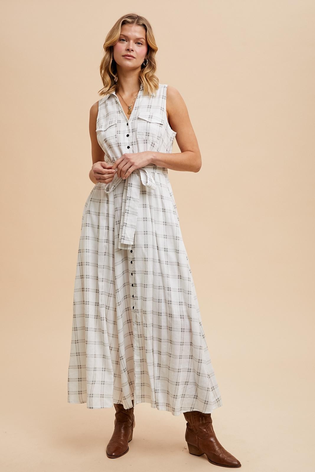 White Plaid Sleeveless Sash Tie Shirt Dress