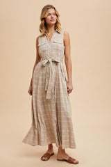 Beige Plaid Sleeveless Sash Tie Shirt Dress