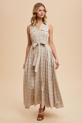 Beige Plaid Sleeveless Sash Tie Shirt Dress