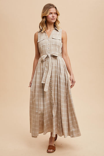 Beige Plaid Sleeveless Sash Tie Shirt Dress
