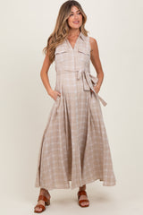Beige Plaid Sleeveless Sash Tie Maternity Shirt Dress