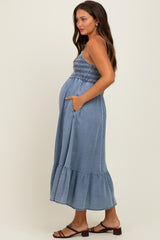 Blue Chambray Smocked Maternity Midi Dress