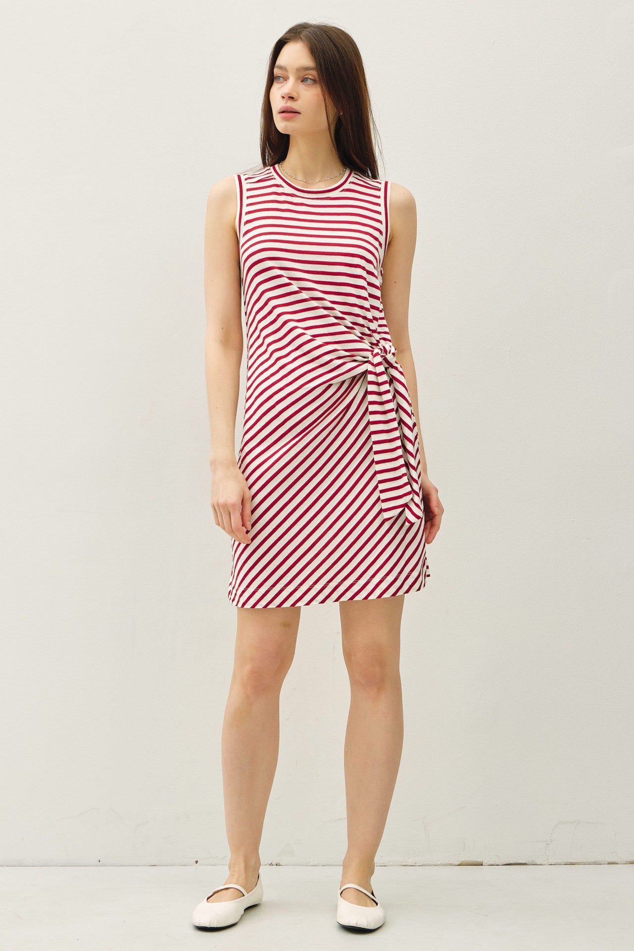Red Striped Sleeveless Side Tie Mini Dress