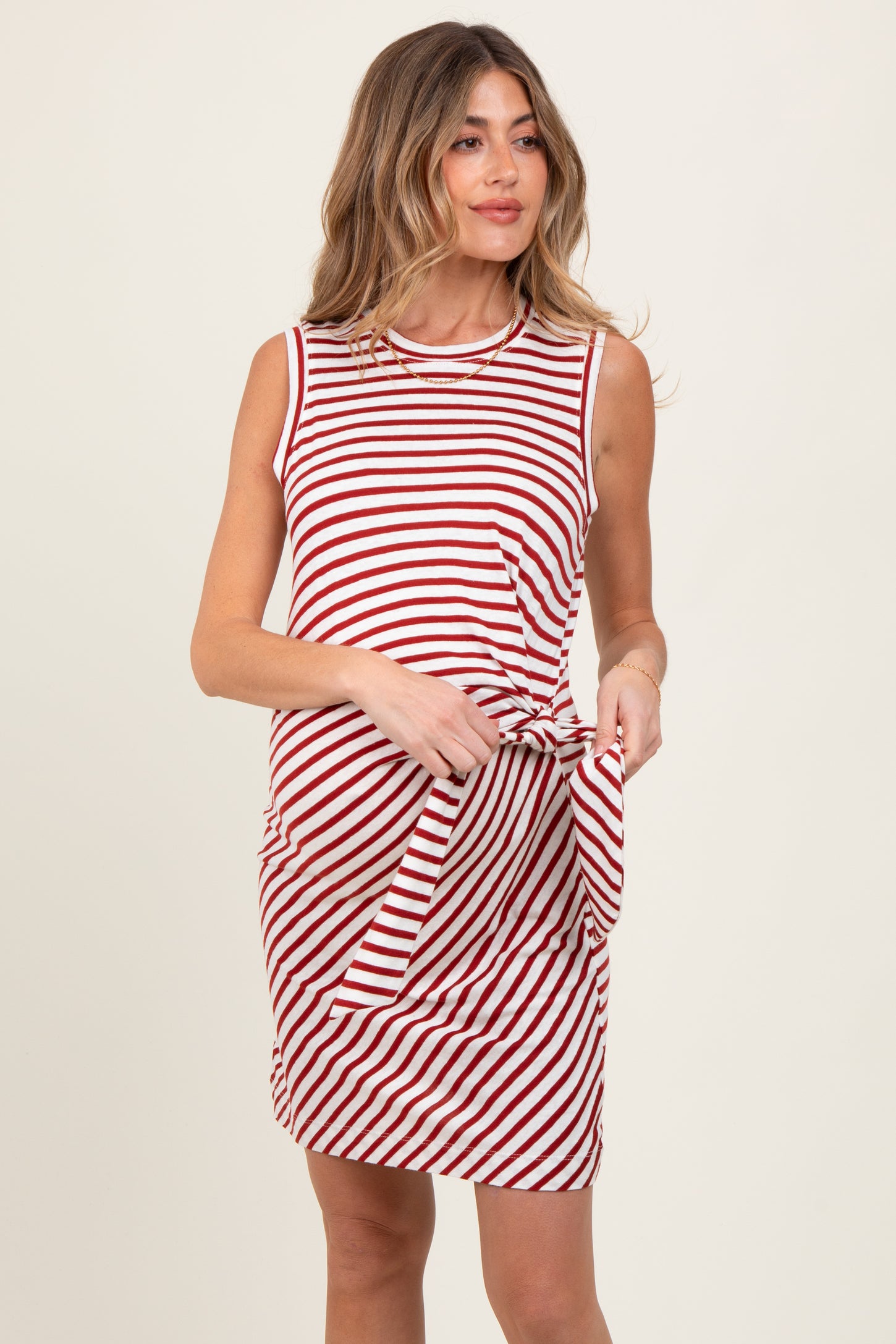 Red Striped Sleeveless Side Tie Maternity Mini Dress