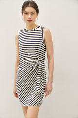 Navy Striped Sleeveless Side Tie Maternity Mini Dress