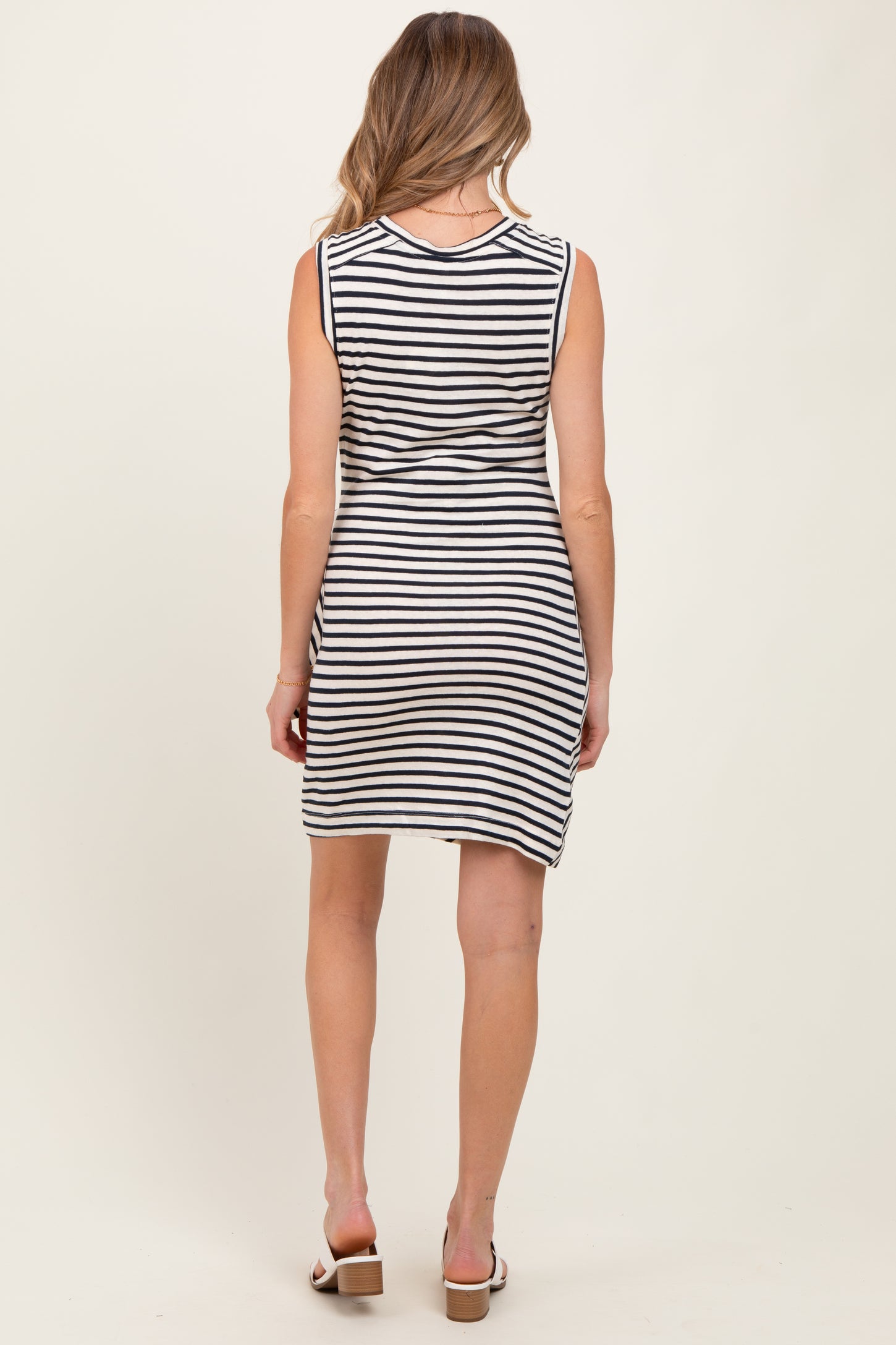 Navy Striped Sleeveless Side Tie Maternity Mini Dress