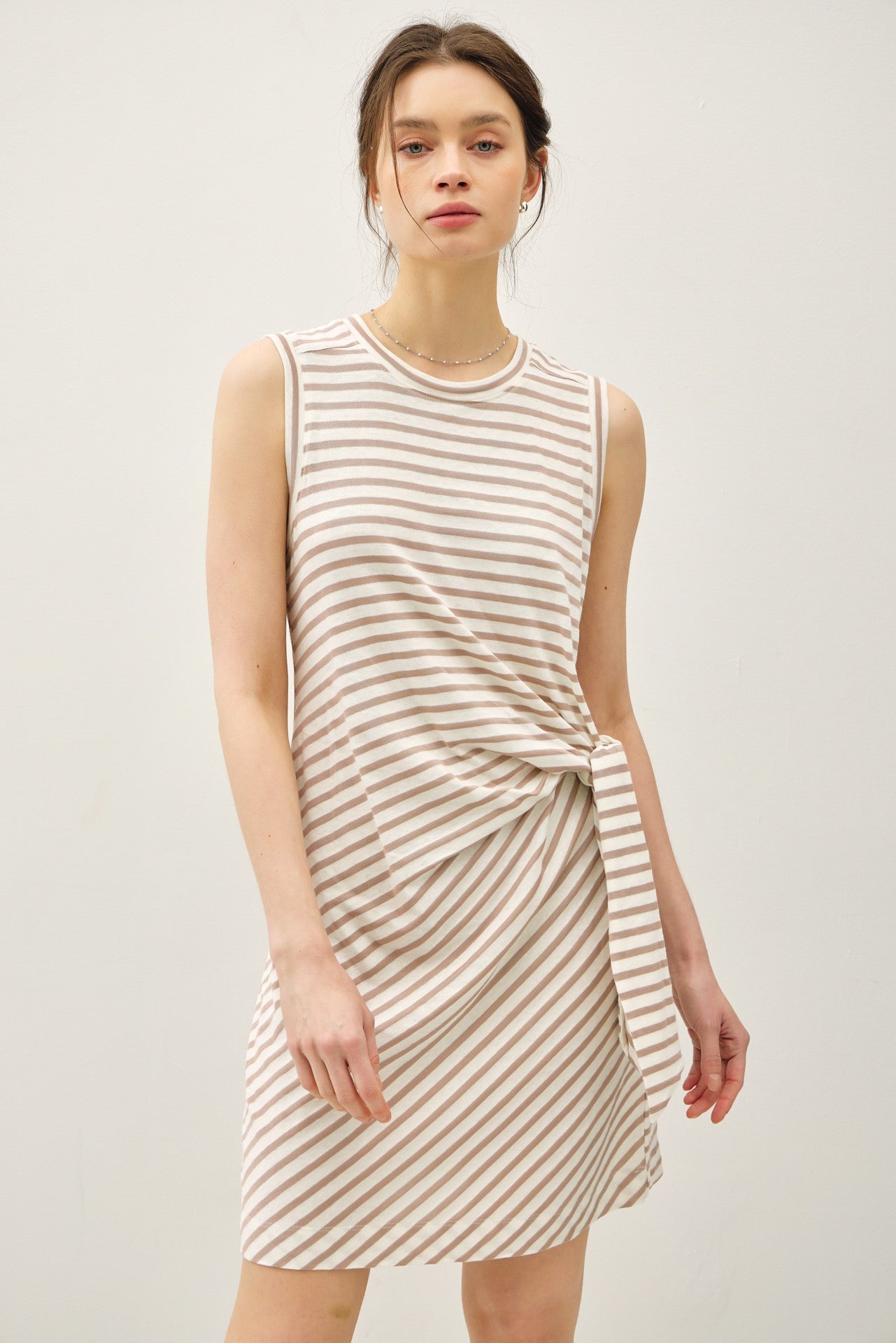 Light Taupe Striped Sleeveless Side Tie Mini Dress