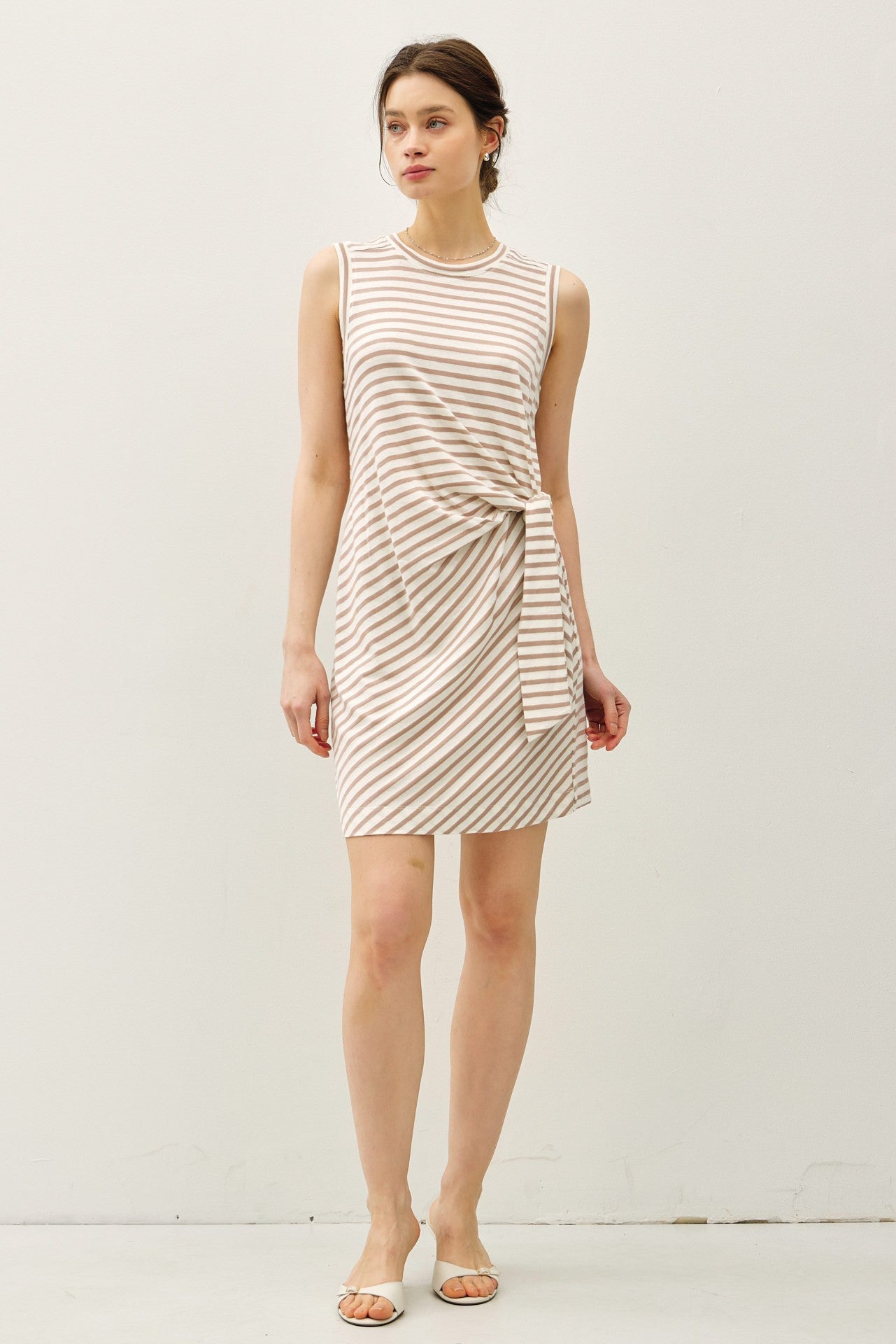 Light Taupe Striped Sleeveless Side Tie Mini Dress