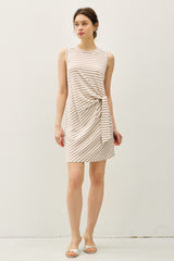 Light Taupe Striped Sleeveless Side Tie Mini Dress