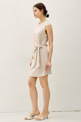 Light Taupe Striped Sleeveless Side Tie Mini Dress