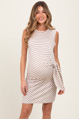 Light Taupe Striped Sleeveless Side Tie Maternity Mini Dress
