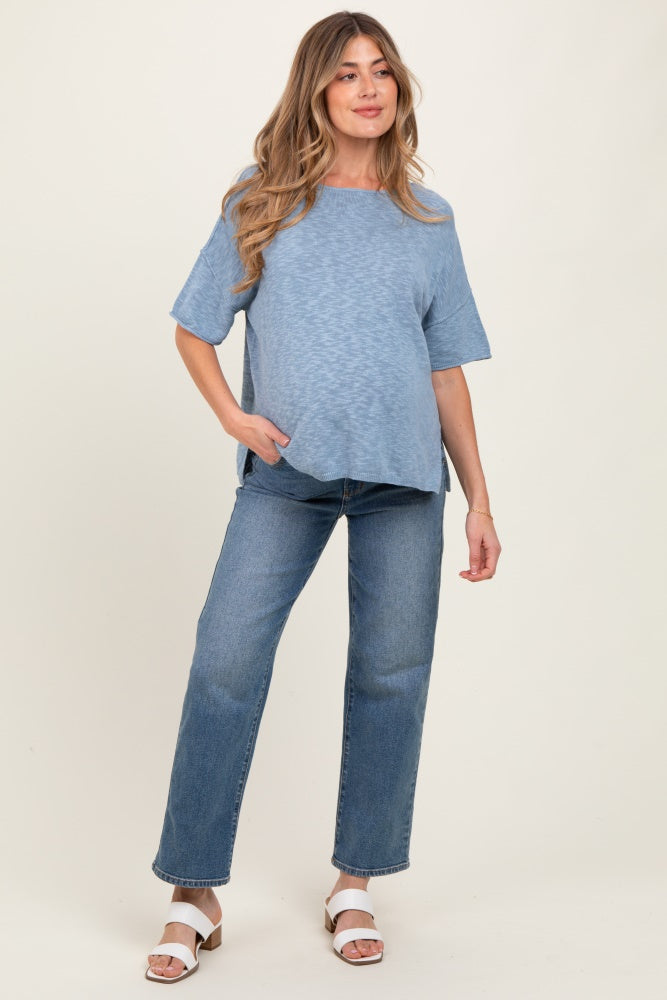 Blue Knit Drop Shoulder Short Sleeve Maternity Top