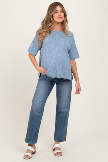 Blue Knit Drop Shoulder Short Sleeve Maternity Top