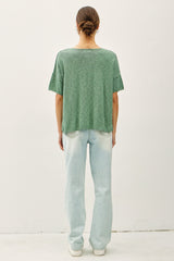 Green Knit Drop Shoulder Short Sleeve Top
