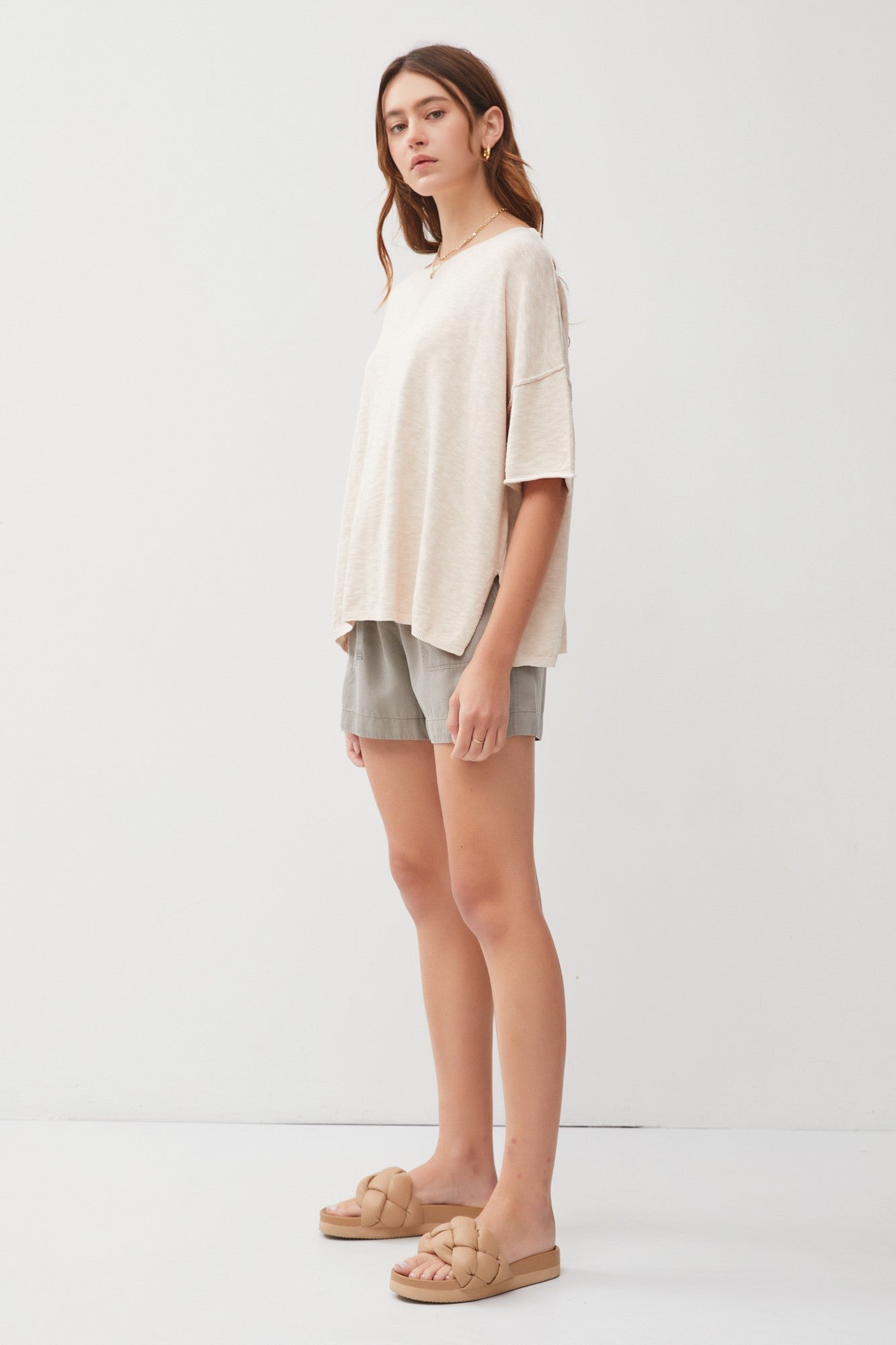 Cream Knit Drop Shoulder Short Sleeve Top