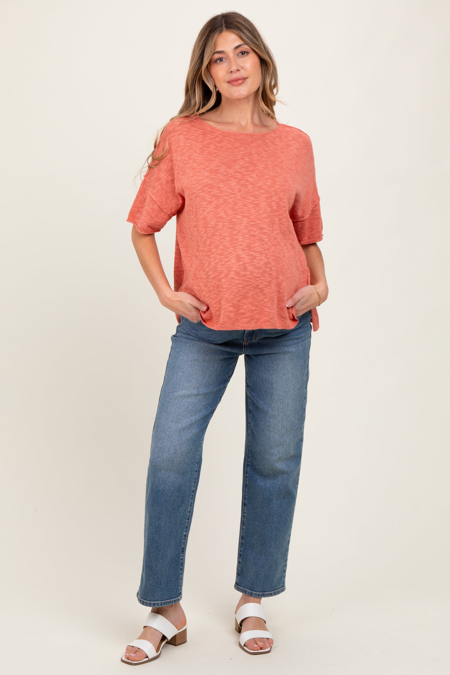 Coral Knit Drop Shoulder Short Sleeve Maternity Top