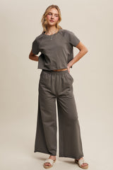 Olive Basic Tee And Wide Leg Pant Set