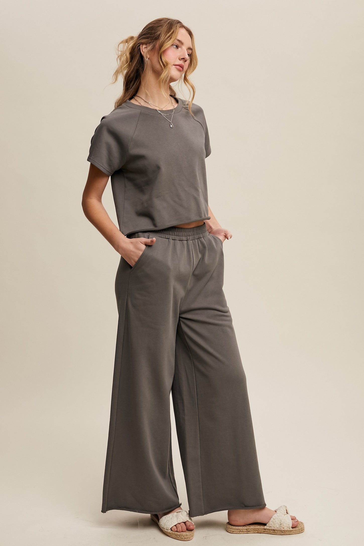 Olive Basic Tee And Wide Leg Pant Set