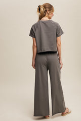 Olive Basic Tee And Wide Leg Pant Set