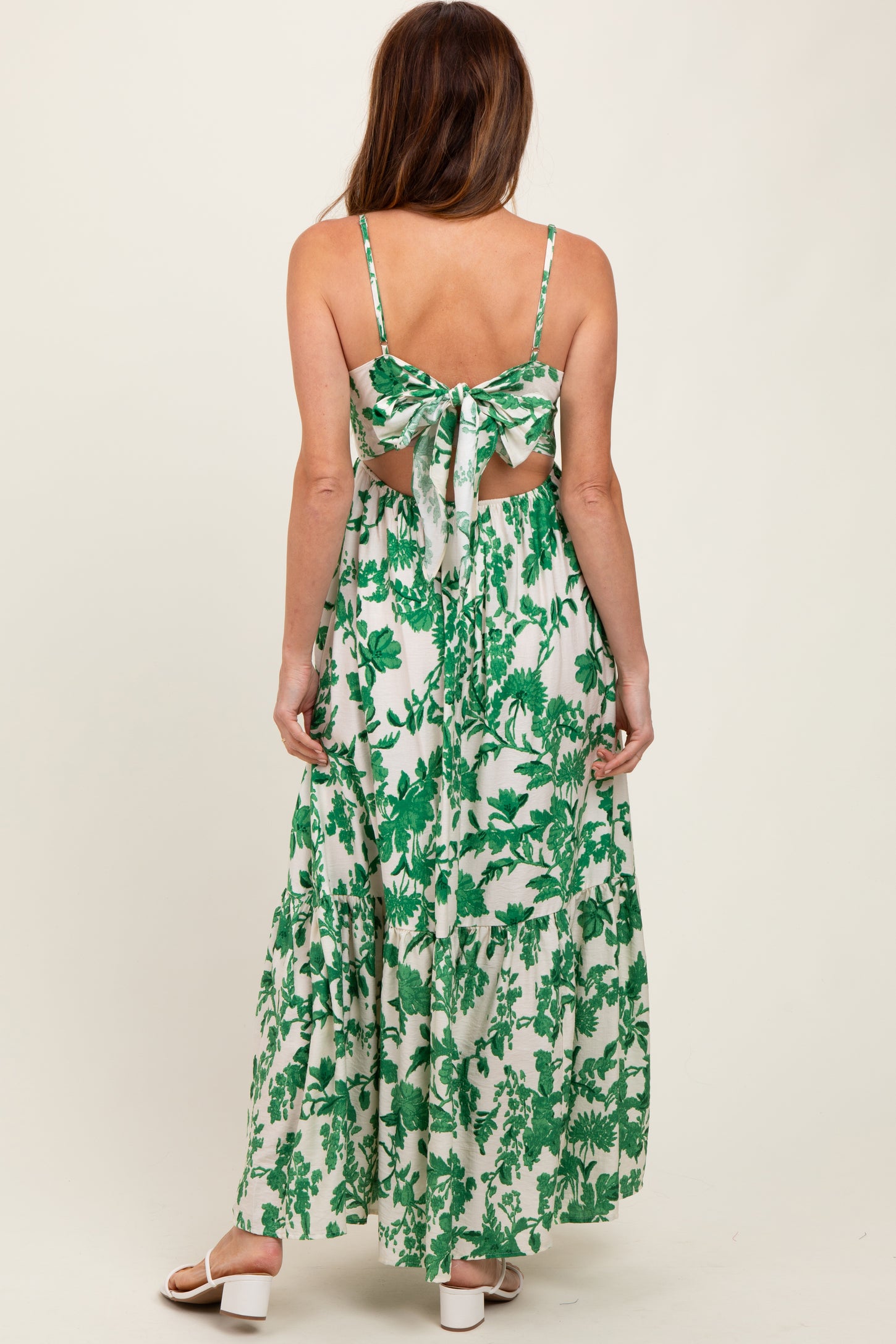 Green Floral Cutout Tie Back Maxi Dress
