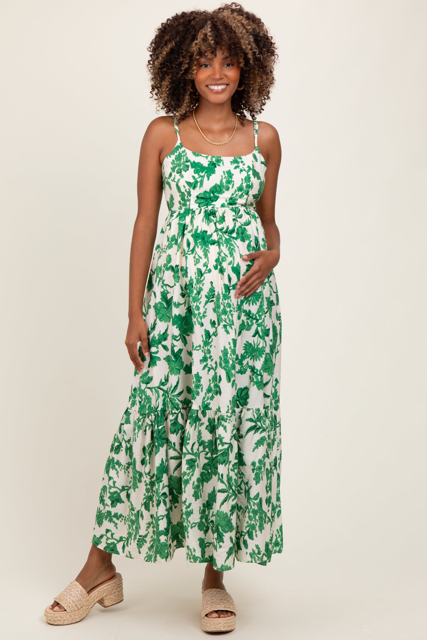 Green Floral Cutout Tie Back Maternity Maxi Dress