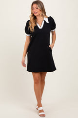 Black Textured Knit Contrast Collar Mini Dress