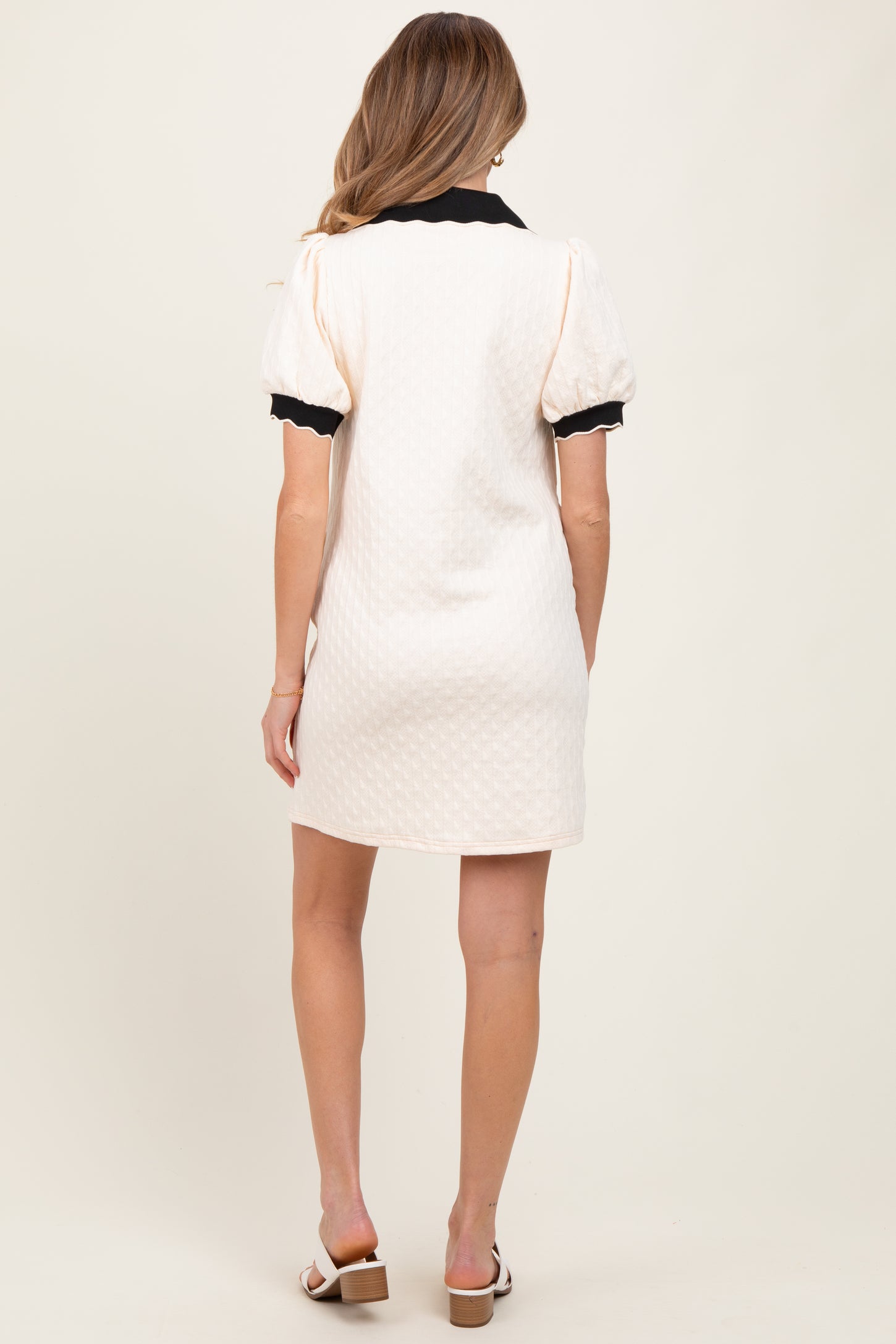 Cream Textured Knit Contrast Collar Maternity Mini Dress