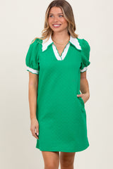 Green Textured Knit Contrast Collar Mini Dress