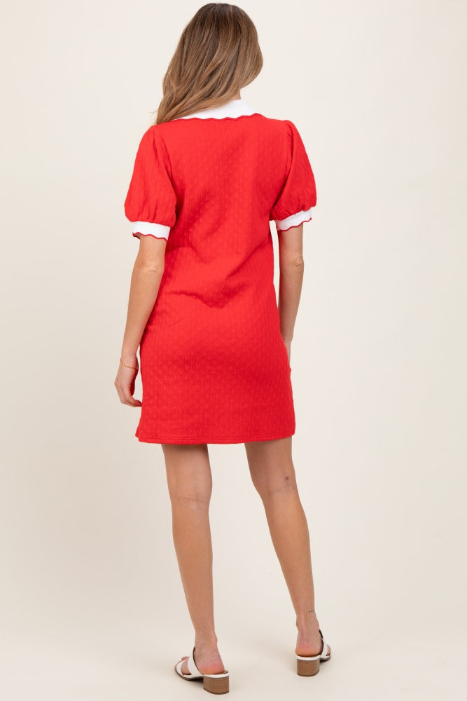 Red Textured Knit Contrast Collar Maternity Mini Dress