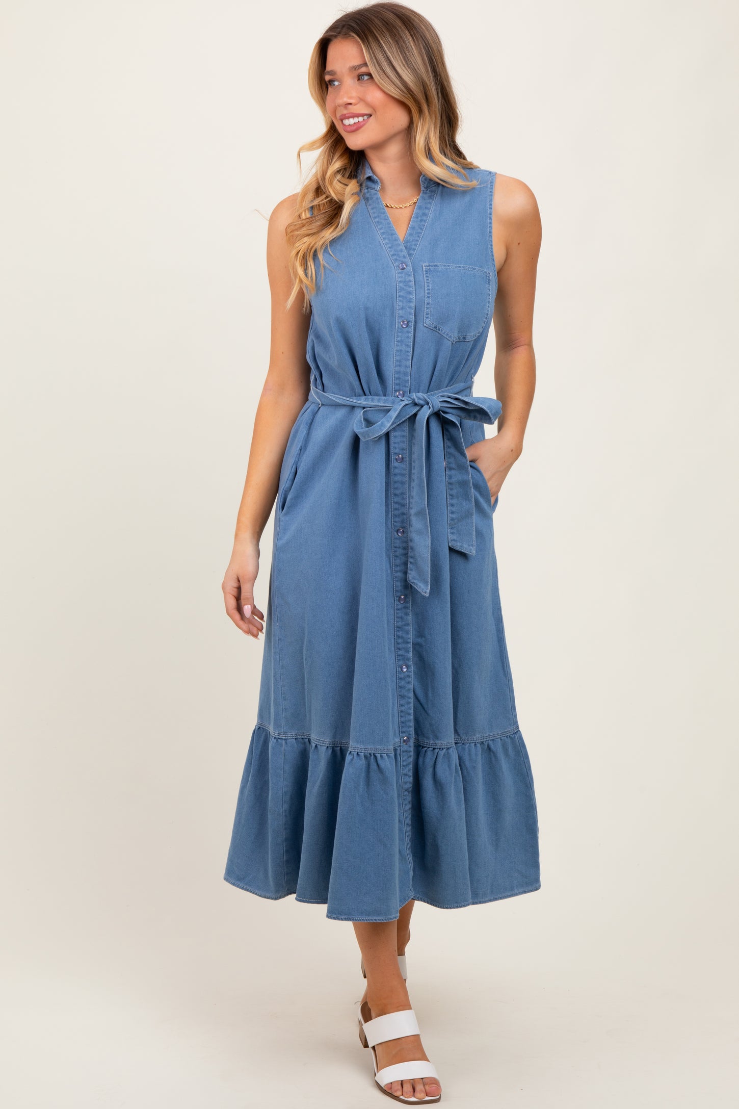Blue Chambray Sleeveless Sash Tie Maternity Shirt Dress