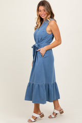 Blue Chambray Sleeveless Sash Tie Shirt Dress