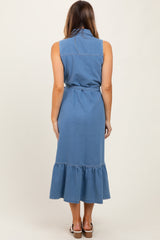 Blue Chambray Sleeveless Sash Tie Shirt Dress
