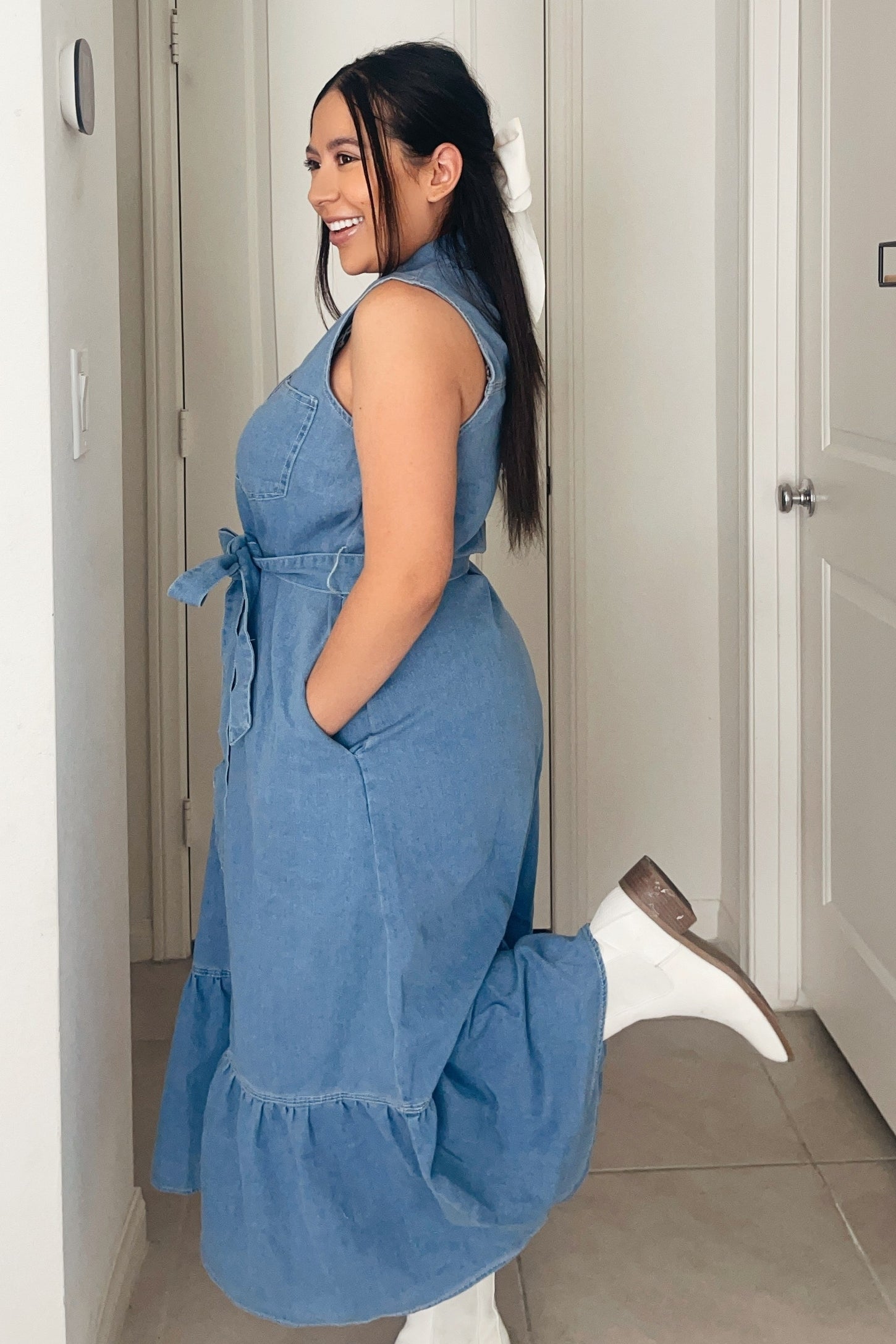 Blue Chambray Sleeveless Sash Tie Shirt Dress