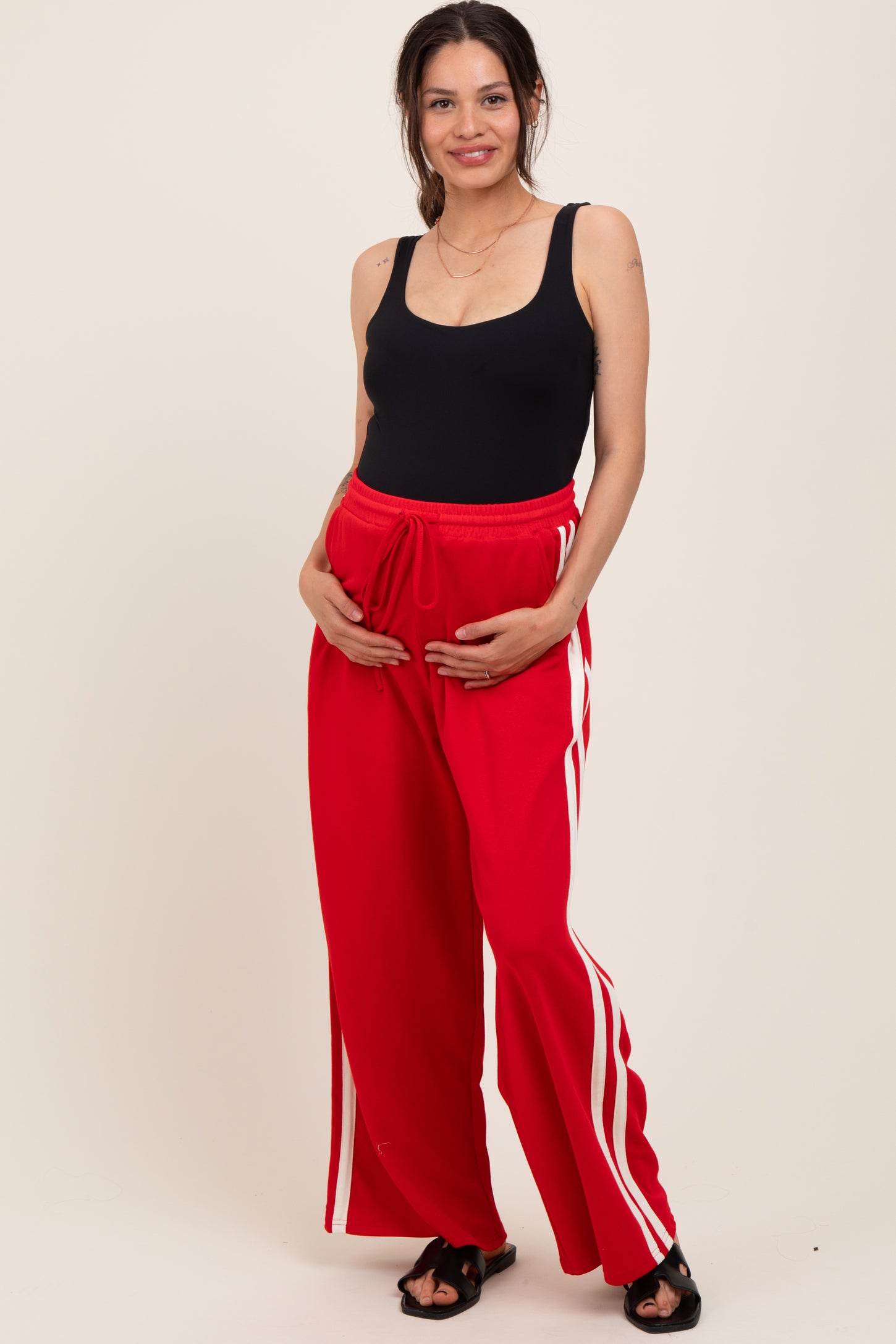 Red Terry Side Stripe Maternity Drawstring Pants