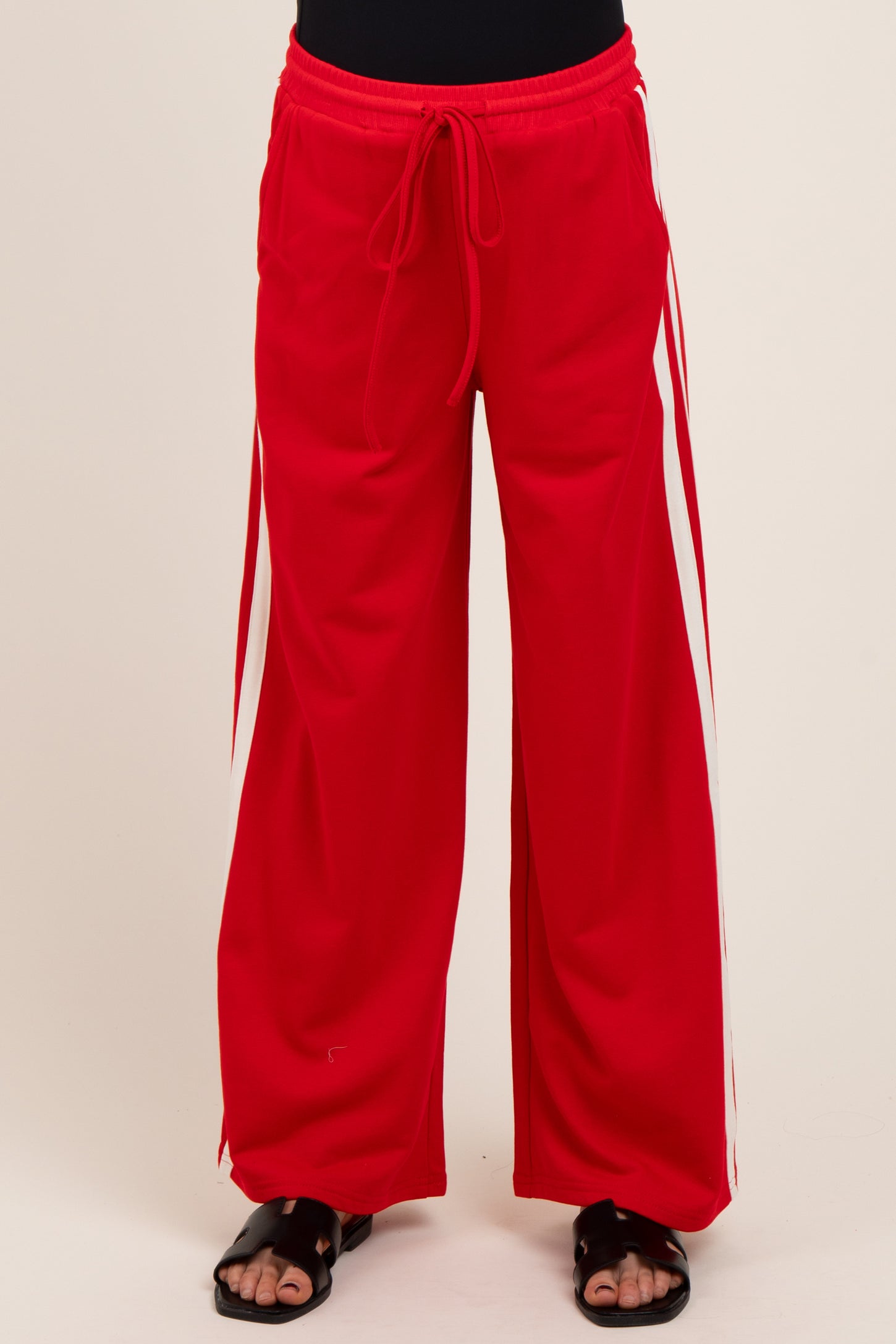 Red Terry Side Stripe Maternity Drawstring Pants