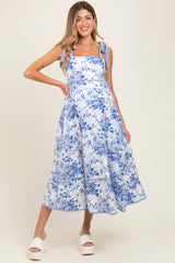 Blue Floral Shoulder Tie Striped Trim Maternity Midi Dress