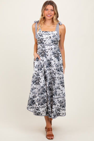 Black Floral Shoulder Tie Striped Trim Midi Dress