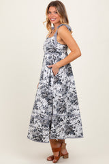 Black Floral Shoulder Tie Striped Trim Midi Dress