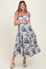 Black Floral Shoulder Tie Striped Trim Maternity Midi Dress