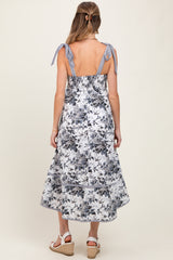 Black Floral Shoulder Tie Striped Trim Maternity Midi Dress