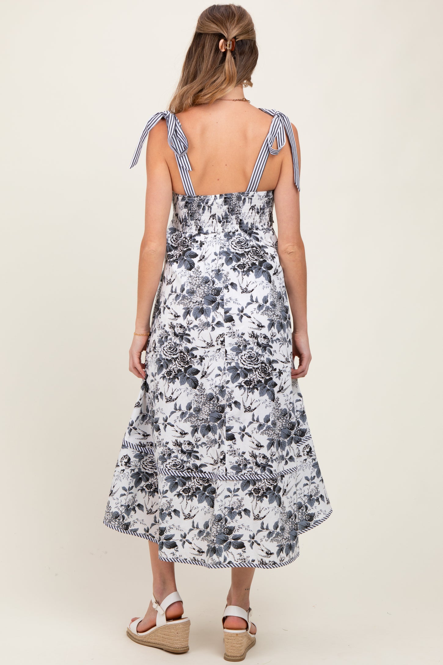 Black Floral Shoulder Tie Striped Trim Maternity Midi Dress