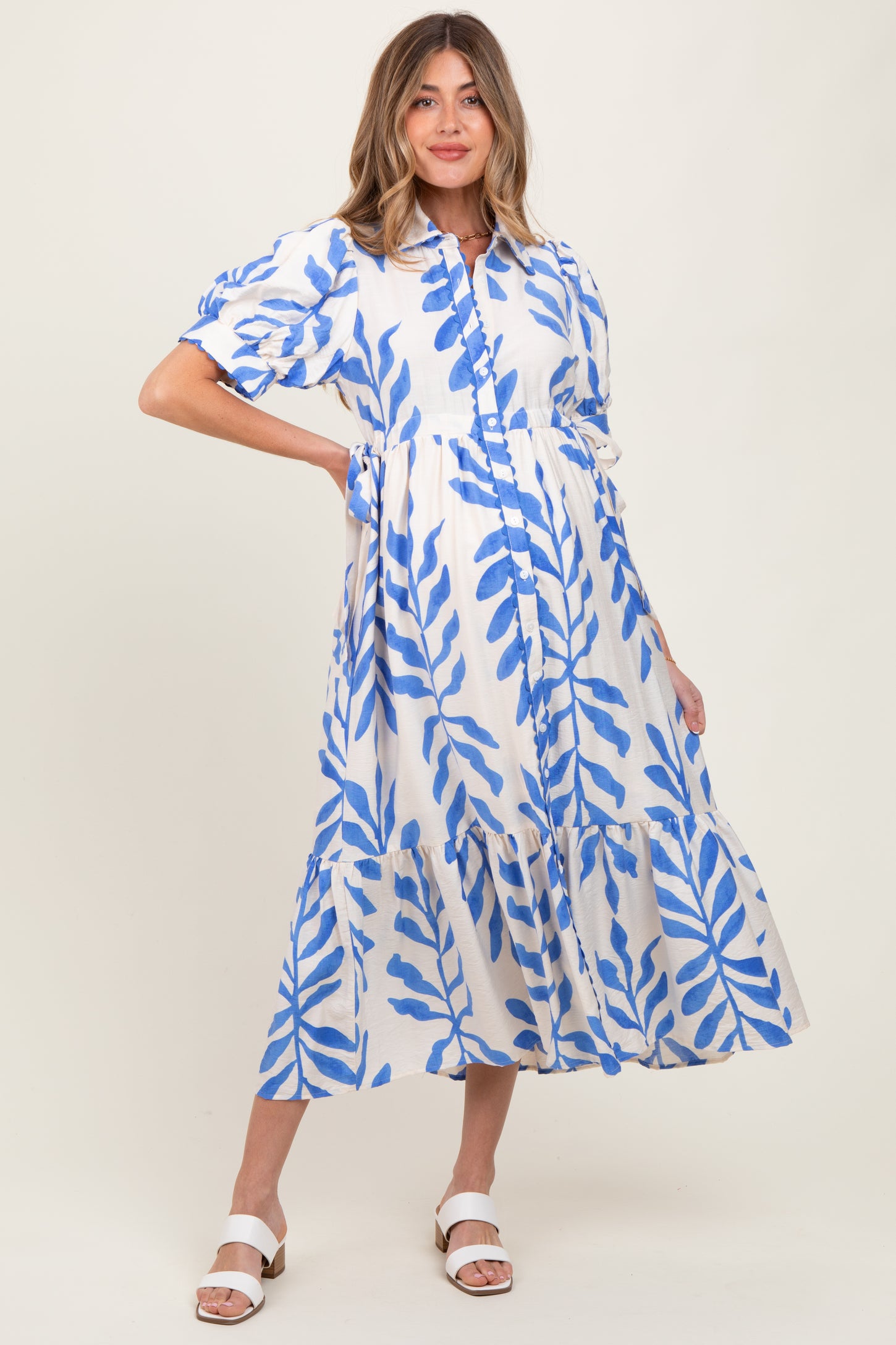 Blue Leaf Print Scallop Trim Maternity Midi Shirt Dress