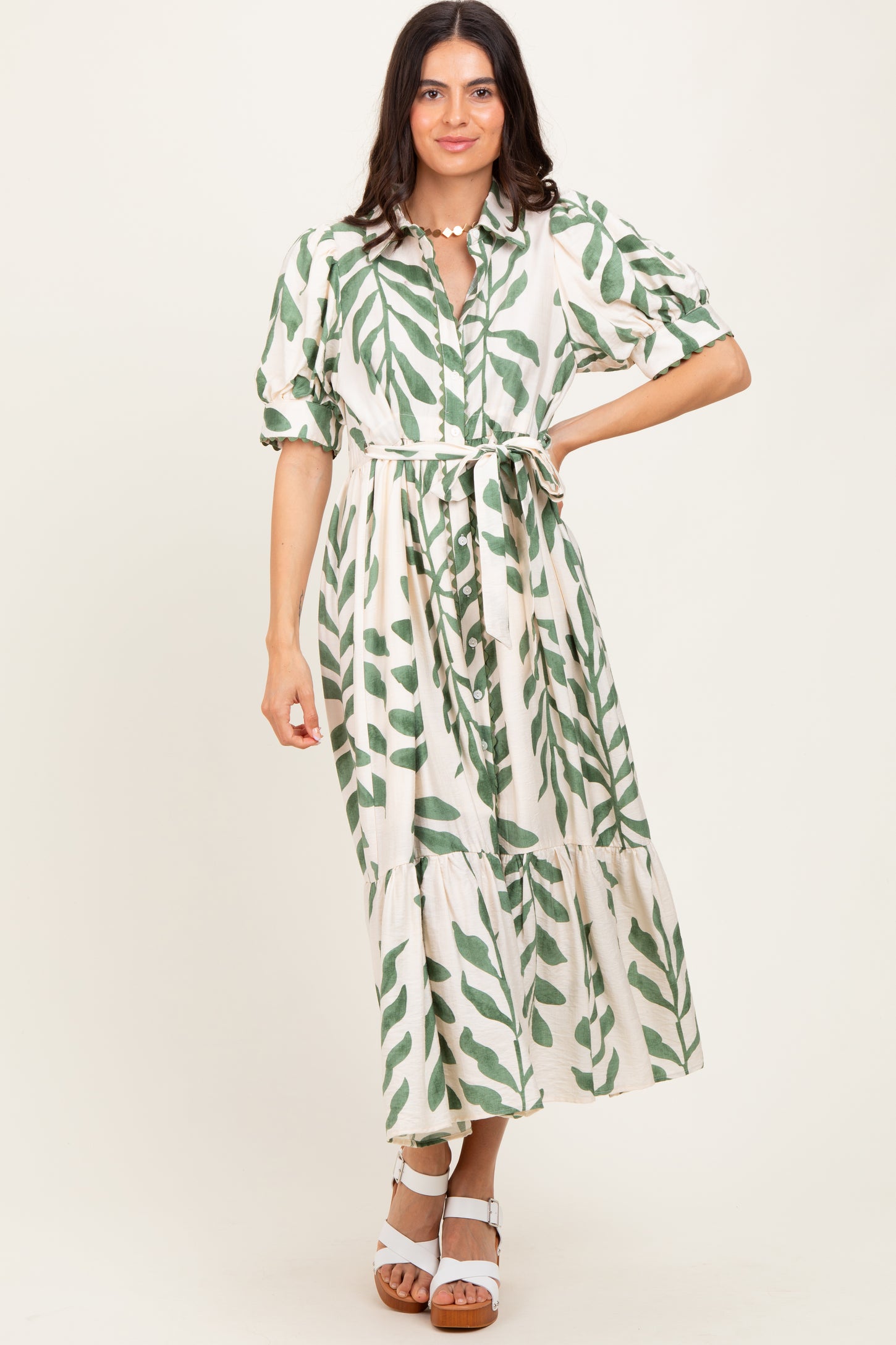 Olive Leaf Print Scallop Trim Midi Shirt Dress